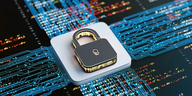 Image of a padlock on a stylized circuitboard